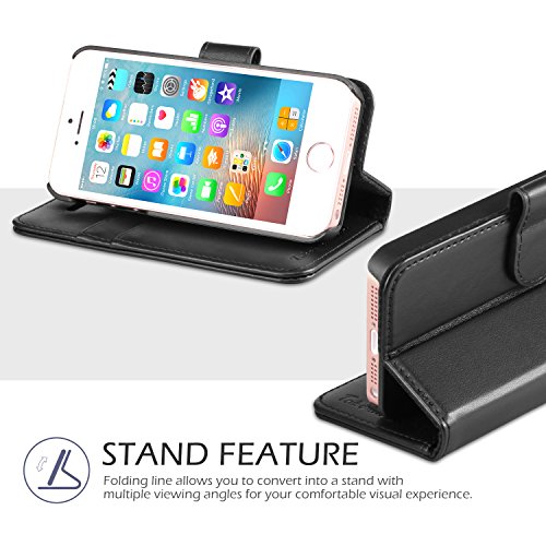 iPhone SE Case, iPhone 5S Wallet Case, TUCCH [Lifetime Warranty]Magnetic Closure Card Holders Money Pouch, Retro Leather Wallet Case Purse Protective Cover Kickstand Function Flip Folio Wallet Case for iPhone 5 / 5S / SE - Black