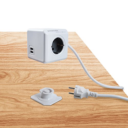 Allocacoc PowerCube 2xUSB Port 5V/2.1A mit 4 Verteiler 1.5M Verlängerungskabel Power Strip Steckdose 230V Schuko, Grau - 2