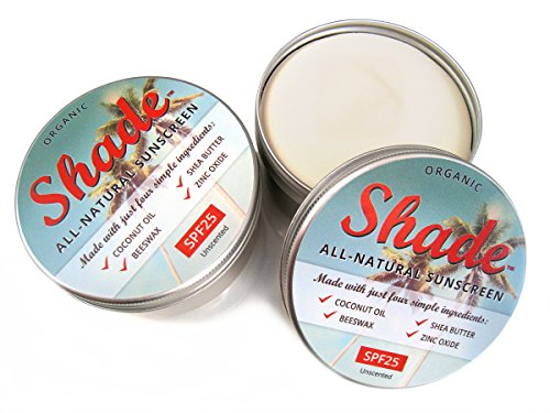 Shade All-Natural Sunscreen Mineral Sun Cream SPF25, 100% Natural Only 4 Ingredients: Organic Coconut Oil, Unrefined Shea Butter, Unrefined Beeswax, Cosmetic Grade Non-Nano Zinc Oxide, Tested to EU Standards, Non-Toxic, Suitable for All Skin Types and All Ages, Babies and Children.