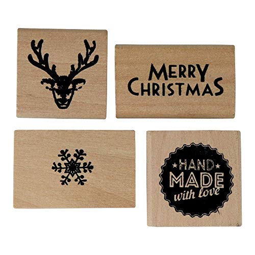 Pack de 4 sellos navideños de goma y madera, árbol de Navidad, reno Merry Christmas, y copo de nieve