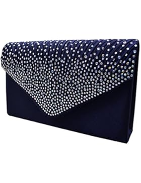 Aisi Damen Satin Clutch Abendtasche Party-Bags mit Zusatzkette und Magnetverschluss Dunkelblau Schwarz