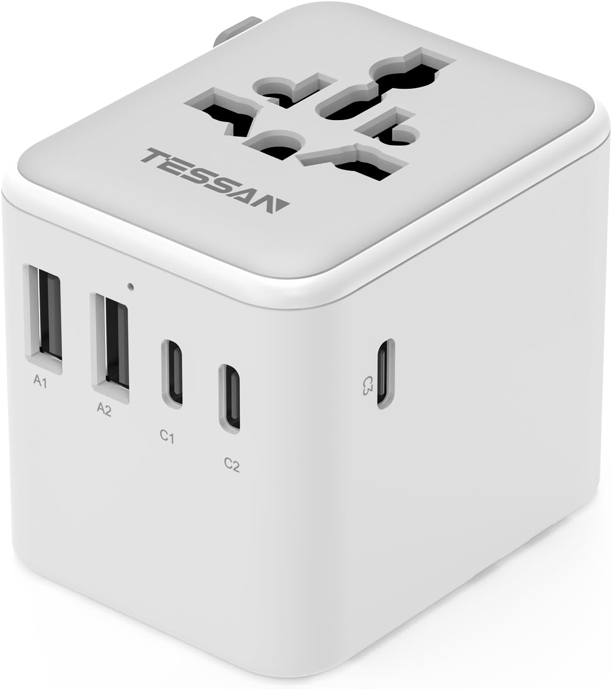 TESSAN Universal Travel Adapter 28W, Worldwide Plug Adaptor with 2 USB A and 3 USB C Ports, International Travel Adapter for EU, UK, USA, AU, Power Socket Charger for Multi Countries, Grey White