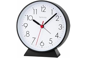 FAMICOZY Silent Non Ticking Analog Alarm Clock,Easy to Read,Simple Operation,Crescendo Alarm,Snooze Light,1 AA Battery Operated,Black