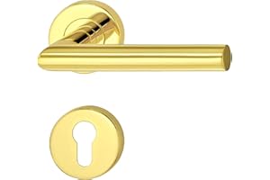 JUVA Maniglia di design in acciaio inox per porta su rosetta tonda per porte di camere - LDH 2171 | PZ - Cilindro | Ottone rivestito in PVD | Maniglia a leva a L con materiale di fissaggio | 1 Set