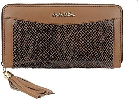 HIDE & SKIN Kipling Python RFID Protected 100% Genuine Leather Handmade Women's Wallet with 24 Carat Gold Plated Metal Fittings +12 Card Slots + 4 Compartment + 1 Zipper Compartment(Light Brown)