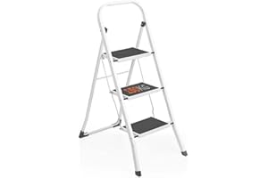HOUSE DAY Echelle à 3 marches Echelle Pliante avec Tabouret avec poignée antidérapante Robuste et Large pédale Multi-Usage pour Le ménage et Le Bureau Tabouret-Marche portatif en Acier Blanc