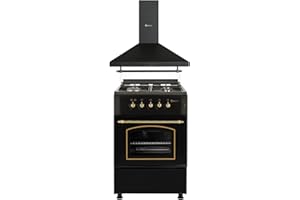 SOLTHERMIC PACK AHORRO COCINA GAS F6S40G2 + CAMPANA HS60PR / ESTILO RUSTICO NEGRO CON RIBETES DORADOS/ANCHO 60 CM/FUEGOS CON ENCENDIDO AUTOMATICO/HORNO 60 L.