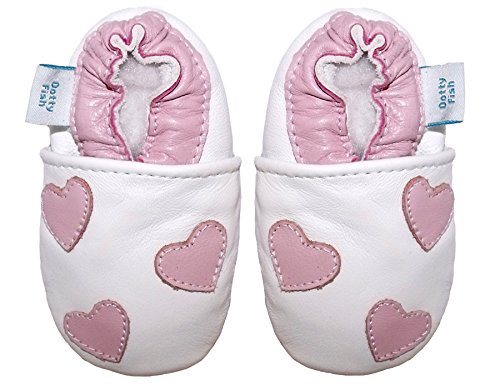 Soft Leather Baby girl Shoes with Suede Soles by Dotty Fish White and Pink Hearts design - 6-12 months