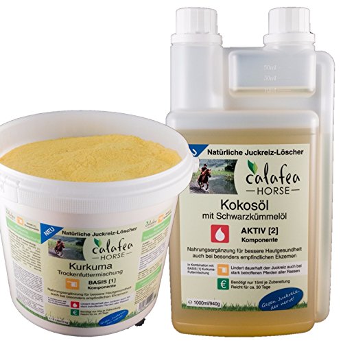 Preisvergleich Produktbild Calafea Hautpflegefutter-Set bestehend aus Kurkuma-Trockenfuttermischung 6L / 3kg + Kokosöl mit Schwarzkümmelöl, 1000ml / / 940g - 5% Preisvorteil gegenüber Einzelkauf