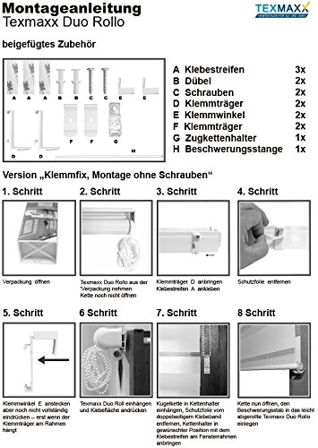 TEXMAXX Fensterrollo Duo-Rollo Sonnenschutz mit Kettenzug und Klemmfix ohne bohren in WEISS, Leisten in Weiss – 80 x 150 cm – inkl. Zubehör - 7