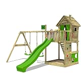 FATMOOSE Aire de jeux HappyHome Hot XXL Tour d'escalade en bois Portique de jeux avec 2 pièces de balançoire, toboggan vert clair, bac à sable + Accessoires