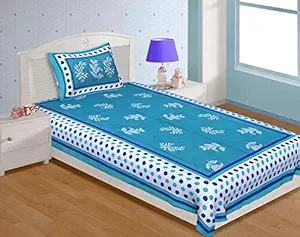 EarlyMart Cotton Floral Comfort Rajasthani Jaipuri Traditional Sanganeri Print 140 TC Cotton Single Size Bed Bedsheet with 1 Pillow Cover - (Blue)