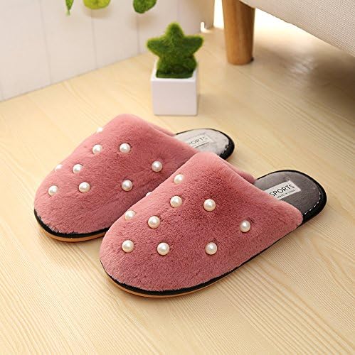 Cotton slippers female pearl plush cow rib bottom wear non-slip home stay indoors on a warm home slippers ,40/41 for 38 39 40, queen sleeper red