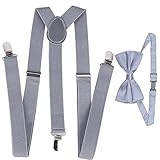 Conjunto Tirantes y Pajarita Elástico Ajustable para Hombre Y Forma con 3 Clips de Ancho 2.5cm (Gris)