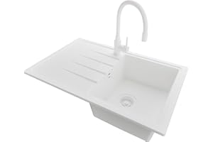 PRIMAGRAN Lavandino da Cucina Tutto Bianco 78x50cm, Lavello in Granito a 1 vasca + Rubinetto 38x14cm + Sifone Classico, Lavabo Incasso al mobile 45cm - Milano
