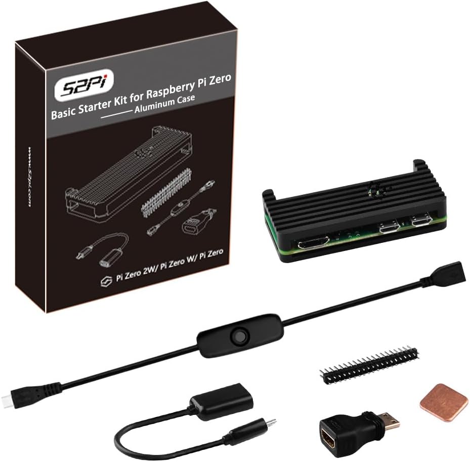 GeeekPi Case Kit for Raspberry Pi Zero 2 W/Zero W/Zero,with Zero 2 W Aluminum Case,20Pin GPIO Header,Micro USB to OTG Adapter,HDMI Cable,Raspberry Pi Zero Copper Heatsink,ON/Off Switch Cable (Black)