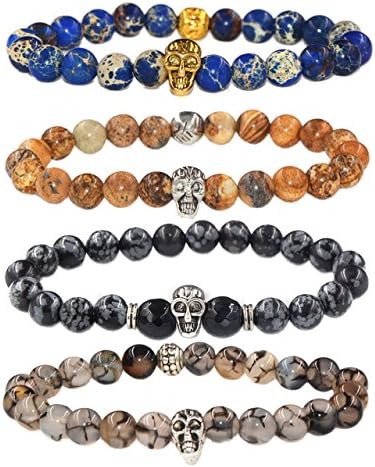 JILIN Unisex Mens Bracelets Set - Lava Rock Black Matte Agate Dragon Vein Agate Tiger Eye's Stone Beads Bracelet, Gold & Silver Plated Lion Head (Skull Head)