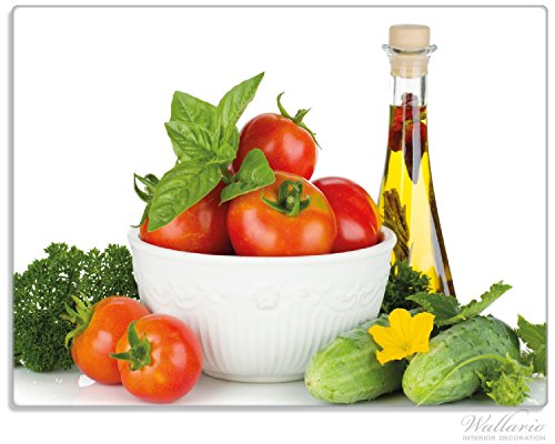 Stilvolle Glasunterlage / Schneidebrett aus Glas, Frische Salatzutaten mit Kräuter-Öl - Tomaten, Gurke, Petersilie, Größe 30 x 40 cm, kratzfest, aus Sicherheitsglas
