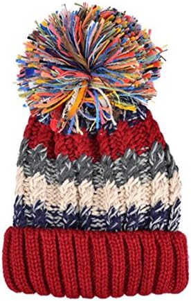 SorJe Womens Girls Winter Knitted Beanie Bobble Hat Pom Pom Caps with Warm Fleece Lining (Red)