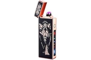 DACHANCE Personnalisé Briquet Électrique Indicateur de Batterie Briquet USB Plasma Rechargeable Coupe-Vent & sans Flamme, Briquet Double Arc avec Indicateur de Batterie pour Bougies/Grill (Wolf)