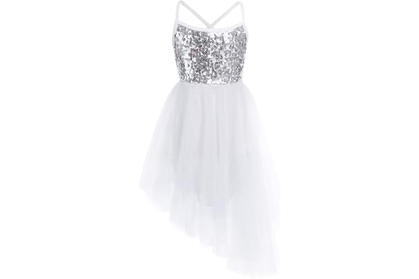 TiaoBug Enfant Fille Justaucorps Gymnastique Tutu Robe Danse Lyrique Classique Ballet Latine Jazz à Paillettes Asymétrique Robe Patinage Soirée Performance 2-16 Ans