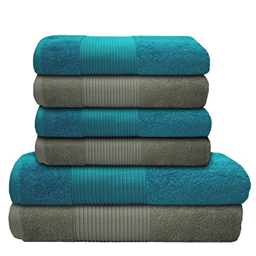 Liness 6 tlg Handtücher Set grau türkis 4 x Handtücher 50x100 cm 2 Duschtücher Badetücher 70x140 cm Handtuch Badetuch Duschtuch 100% Baumwolle Frottee Handtuch-Set grau türkis-petrol