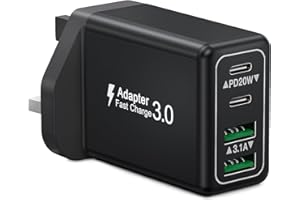 SUIWEL USB C Charger Plug UK, 40W 4 Port USB Plug Fast Charging Dual USB-C Power Adapter+ QC USB Wall Charger, Multi Mains Charger Plug, Type C Plug for iPhone 15 14 13 12 11 Pro Max XS XR SE, Samsung, iPad