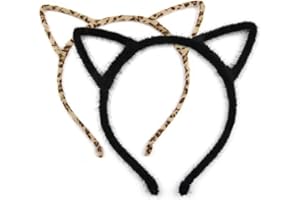 LOMYLM 2pcs Cat Ears Headbands, Leopard Print Ears & Black Furry Cat Ear Hair Bands Hair Hoops for Women Fancy Dress Cosplay Party Accessories and Daily Wear