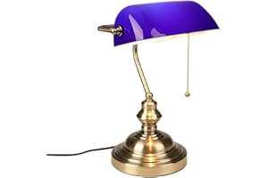 FIRVRE Blu Lampada da scrivania Banker tradizionale american vintage in vetro con interruttore a strappo E27 Lampada da tavolo retrò in bronzo Finitura LED per ufficio Biblioteca Camera