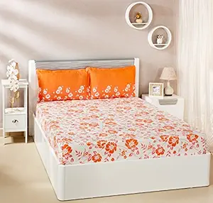 Amazon Brand - Solimo Jasmine Zest 144 TC 100% Cotton Double Bedsheet with 2 Pillow Covers, Peach, Floral