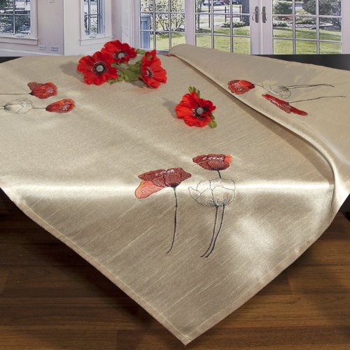 SALE – Zauberhafter Kissenbezug “ MOHNBLÜTEN – TRAUM “ – Kissenhülle 40 x 40 – in champagner beige mit dekorativen Mohnblüten in rot – edel schimmernd – aus dieser Serie erhalten Sie im KAMACA-SHOP : Tischdecke Läufer Kissenbezug und Ösenschal – so können Sie Ihren kompletten Wohnraum verzaubern - 2