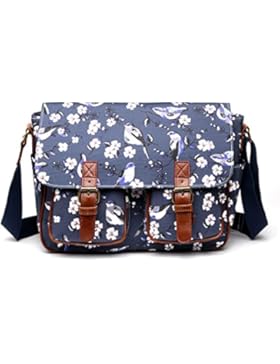 Miss LuLu Schultaschen Wachstuch Crossbody Öl-Stoff-Umhängetasche mit Drucken Unisex Vögel und Blumen Drucken