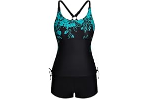 JASAMBAC Women's Strappy Tankini Swimsuits Drawstring Bathing Suits Two Piece Floral Print Swimwear with Shorts