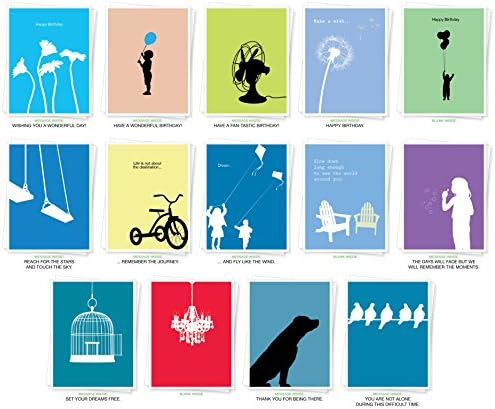Assorted Silhouettes Premium Greeting Cards - Bulk Set of 14 Cards Including: Birthday, Thank You, Sympathy, Inspiration and Blank