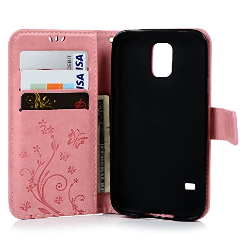 S5 Wallet Case Flip Hülle Samsung Galaxy S5 9600 Lederhülle YOKIRIN Feder Muster PU Leder Hardcase Tasche Brieftasche Schutzhülle Handytasche Flipcase Standup Book Cover Hardschale Etui mit Kartenfach und Taljereep Rose - 7
