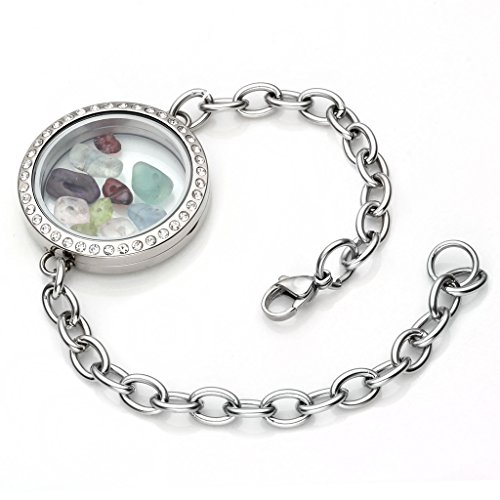 PiercingJ Womens Silver 316L Stainless Steel Crystal Gem Round Locket Pendant Floating Charm Wristband Link Br