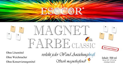NEU! Jetzt noch stärker! 600 ml Esocor® Magnetfarbe classic + 3 Neodym- Test Magnete Gratis – verleiht jeder Wand Anziehungskraft – stark magnethaftend – sehr Allergikerfreundlich – Ohne Konservierungsmittel – Ideal für sensible Innenräume - 4