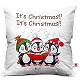 Indigifts Singing Penguins Print White Cushion Cover 12x12 with Filler (Xmas Gift for Her, Him, Boy, Girl, Dad, Mom, Friends, Family) - Christmas Decorations