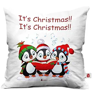 Indigifts Singing Penguins Print White Cushion Cover 12x12 with Filler ( Xmas Gift for Her, Him, Boy, Girl, Dad, Mom, Friends, Family ) - Christmas Decorations