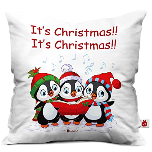 Indigifts Singing Penguins Print White Cushion Cover 12x12 with Filler (Xmas Gift for Her, Him, Boy, Girl, Dad, Mom, Friends, Family) - Christmas Decorations
