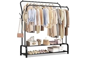 ZHZIRO Metal Clothes Rail Double Pole Coat Rack Freestanding Garment Rack Hanger With 4 Side Hooks and 2-Tier Lower Storage Shelf for Bedroom Home Office Indoor(Black)