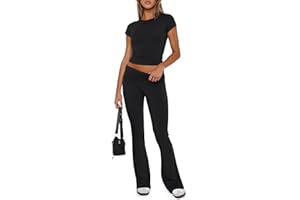 ROFUSSO Zweiteiler Damen Sommer Lounge Set Slim Fit Kurzarm Oberteile und Yoga Schlaghose Trainingsanzug Freizeit Outfit Fitness Sportkleidung Set