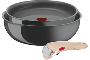 Lagostina Ingenio Vivissima, Set Padella 24cm e Wok 26cm in Ceramica Antiaderente con Manico Rimovibile Beige, 100% Alluminio Riciclato e Tecnologia Thermo-Signal, per Tutte le Fonti di Calore