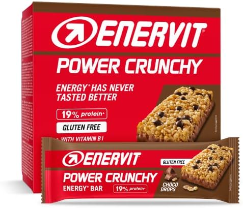 Enervit, Power Crunchy Choco Drops, Barretta Energetica con Gocce di Cioccolato Fondente, 23g di Carboidrati, 19% di Proteine, Adatte Durante l'Attività Sportiva, Senza Glutine, 12 Barrette da 40g