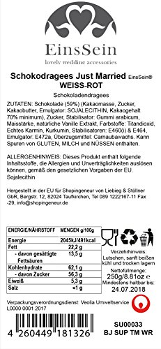 250g Schokodragees Hochzeit EinsSein® bedruckte Dragees Just Married weiss-rot Dragees Schokolinsen Mandeln bedruckt Hochzeitsmandeln bedrucken mit Namen Zuckermandeln Schokomandeln Candy Bar Bonbons - 2