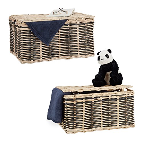 Relaxdays Rattan Truhen, 2er Set, Dekorative Flechtoptik, Handliche Griffe, Klappdeckel, 40 & 75 Liter, Natur/Schwarz