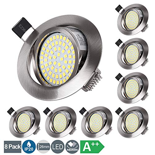 Foco LED empotrable, 5 W, módulo LED ultraplano, 230 V, luz blanca fría, 6000 K, foco de techo giratorio, redondo de acero IP20, foco empotrable para salón, dormitorio, cocina, oficina, 8 unidades