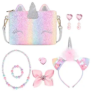 Mibasies Dress Up Jewelry for Little Girls Toddler Unicorn Gift Pretend Play Kids Purse Set