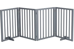 The Fellie Wooden Dog Gate Indoor Barrier with 2 Support Feet, Foldable Freestanding Safety Pet Gate, Retractable 4 Panels Doorway(183.5 W x 60.5 H, Grey)