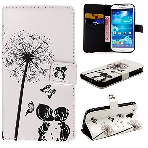 Preisvergleich Produktbild CaseHome Samsung Galaxy S4 Hülle,Schutzhülle Tasche Leder Mit Kartenfach Magnetverschluss Standfunktion Slim-Schutzhülle Folio Schalen Fall Mit Karten- / Geldscheinfach Für Samsung Galaxy S4-Löwenzahn , Liebe, Schmetterling